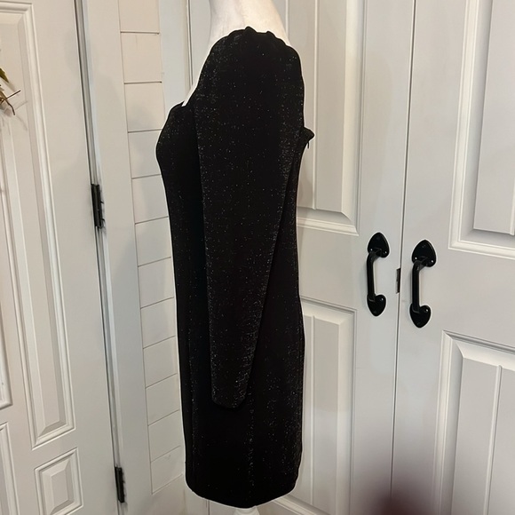 1.State Square Neck Princess Seam Metallic Shimmer Black Cocktail Mini Dress - Picture 4 of 10